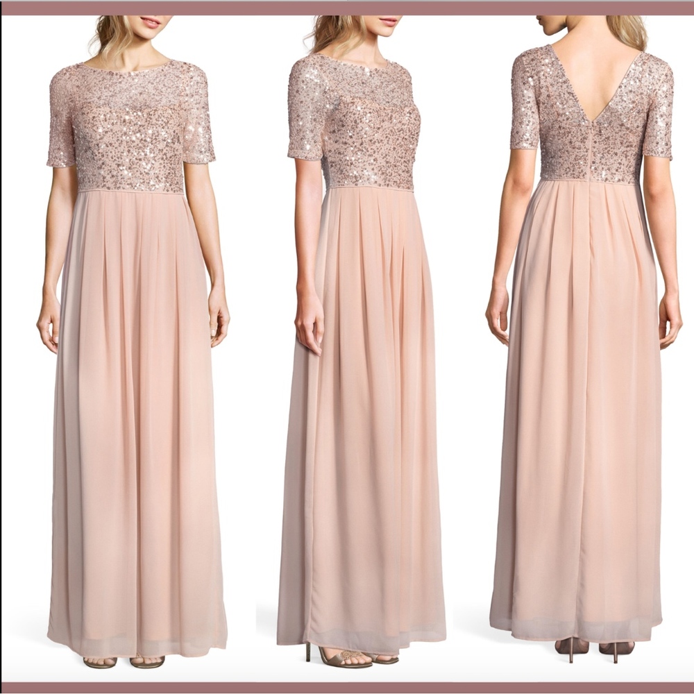 NEW $249 Adrianna Papell‎ Beaded Bodice Georgette Gown English Rose [SZ 8 ] E665